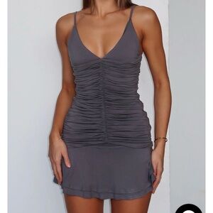 Whitefox Ruched V-Neck Spaghetti Strap Mini Dress - Charcoal XS